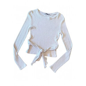 Zara Ribbed Tan Long Sleeve Tie Waist Top Size Small 0561